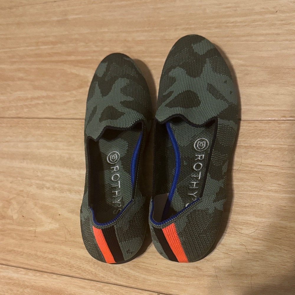 Rothy's Green Camouflage Flats with Orange Accent